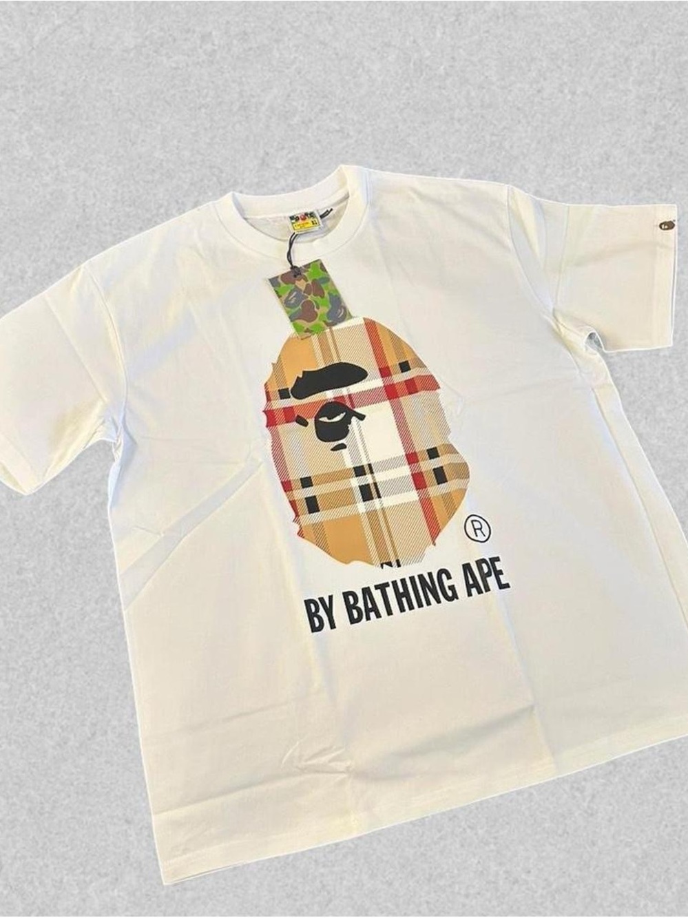 Bape White Tee with Plaid Ape Graphic